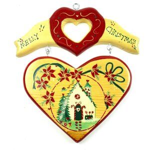 Hand Painted Wooden Door Wall Merry Christmas Hanging Heart Plaque Greeting Wood